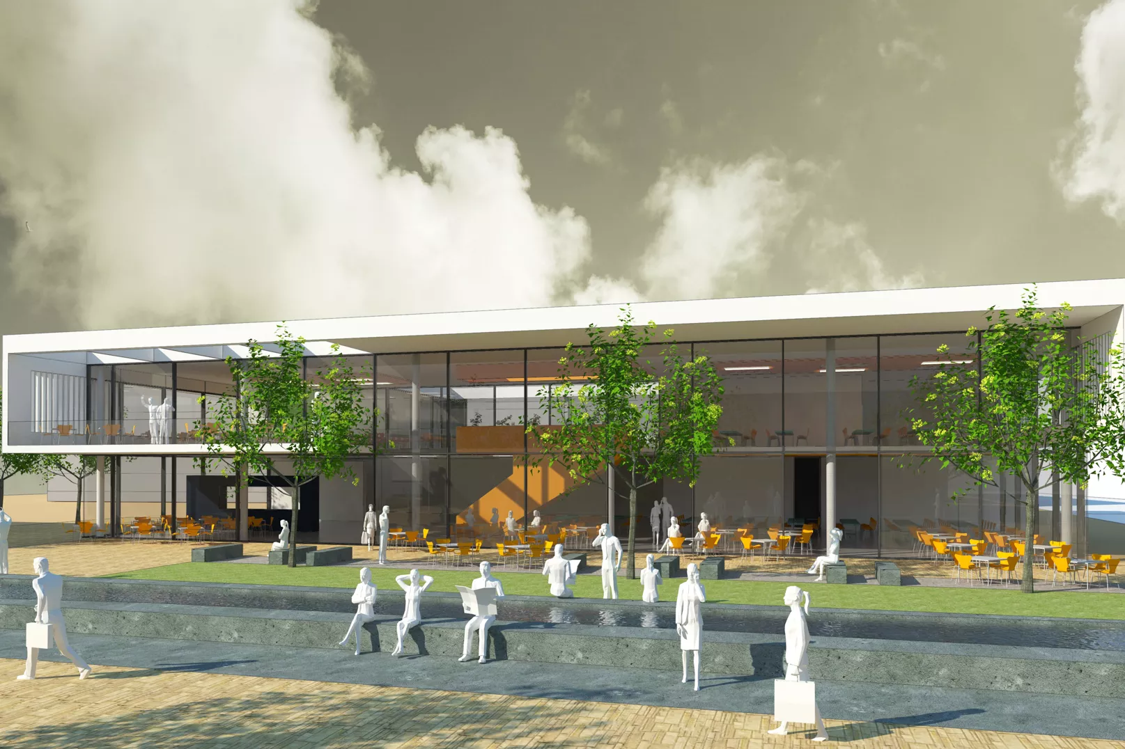 3D Rendering der Außenansicht des verglasten Gebäudes.
