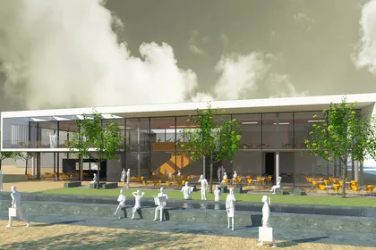 3D Rendering der Außenansicht des verglasten Gebäudes.
