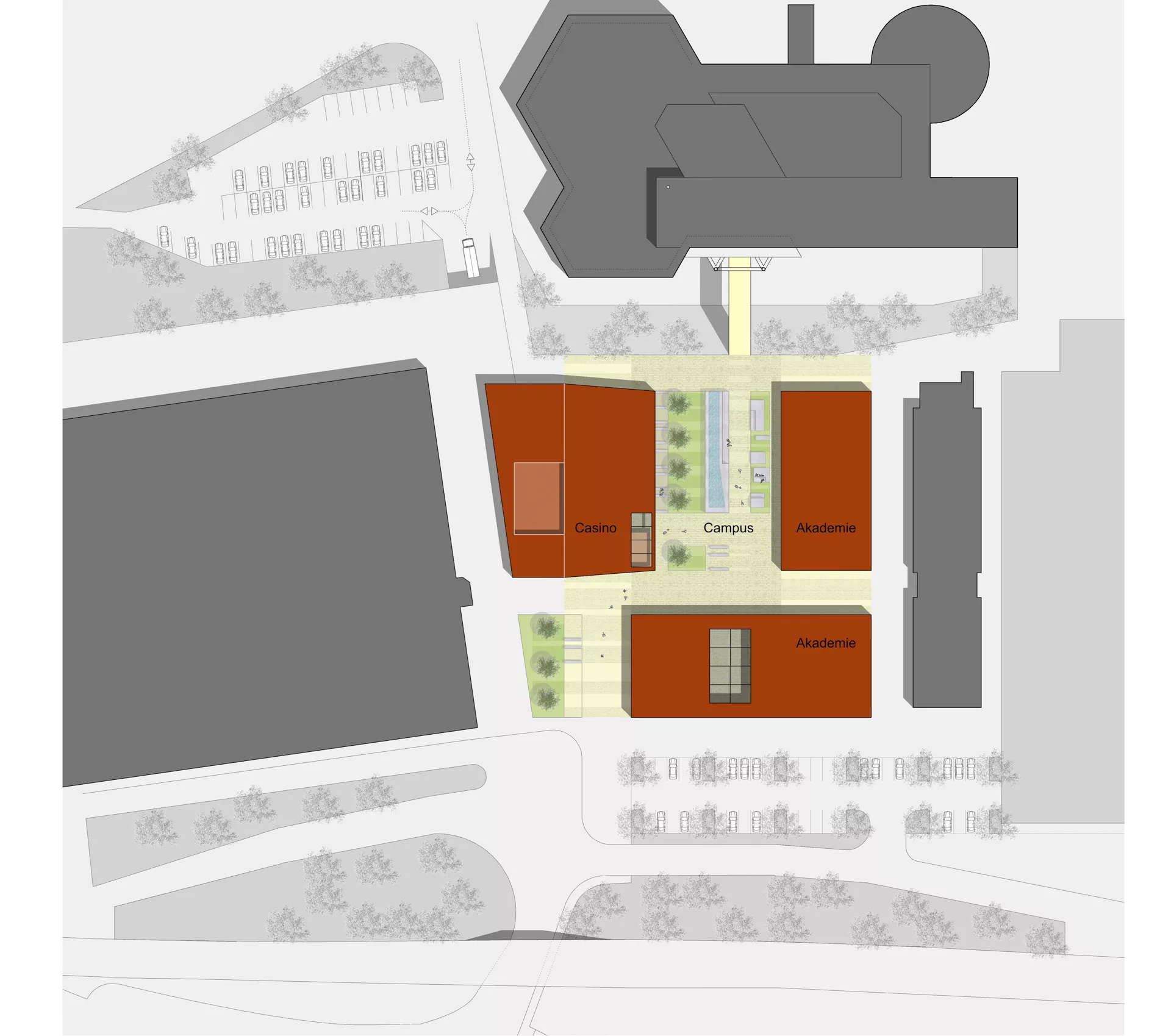 Grundriss des Geländes mit den zwei Akademien, dem Campus, dem Casino und den Parkplätzen.