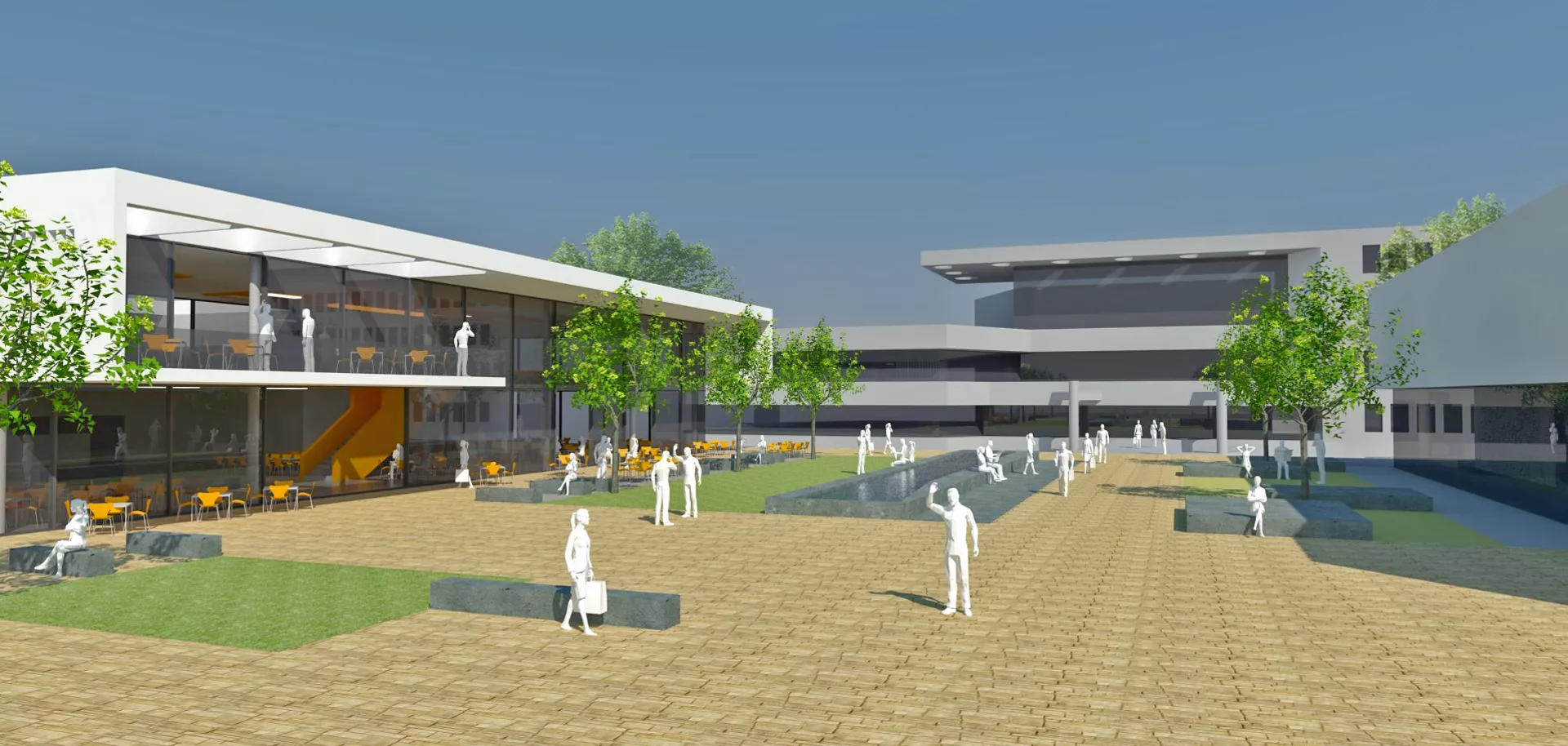 3D Rendering mit Blick auf den Campus. Sicht auf die verschiedenen Sitzmöglichkeitenn und Bepflanzungen sowie auf die umliegenden Gebäude.