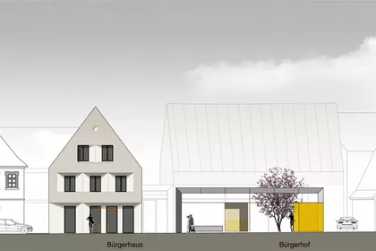 2D Rendering der Häuserfassaden der Straße mit dem neuen Bürgerhaus.