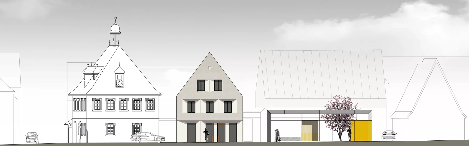 2D Rendering der Häuserfassaden der Straße mit dem neuen Bürgerhaus.
