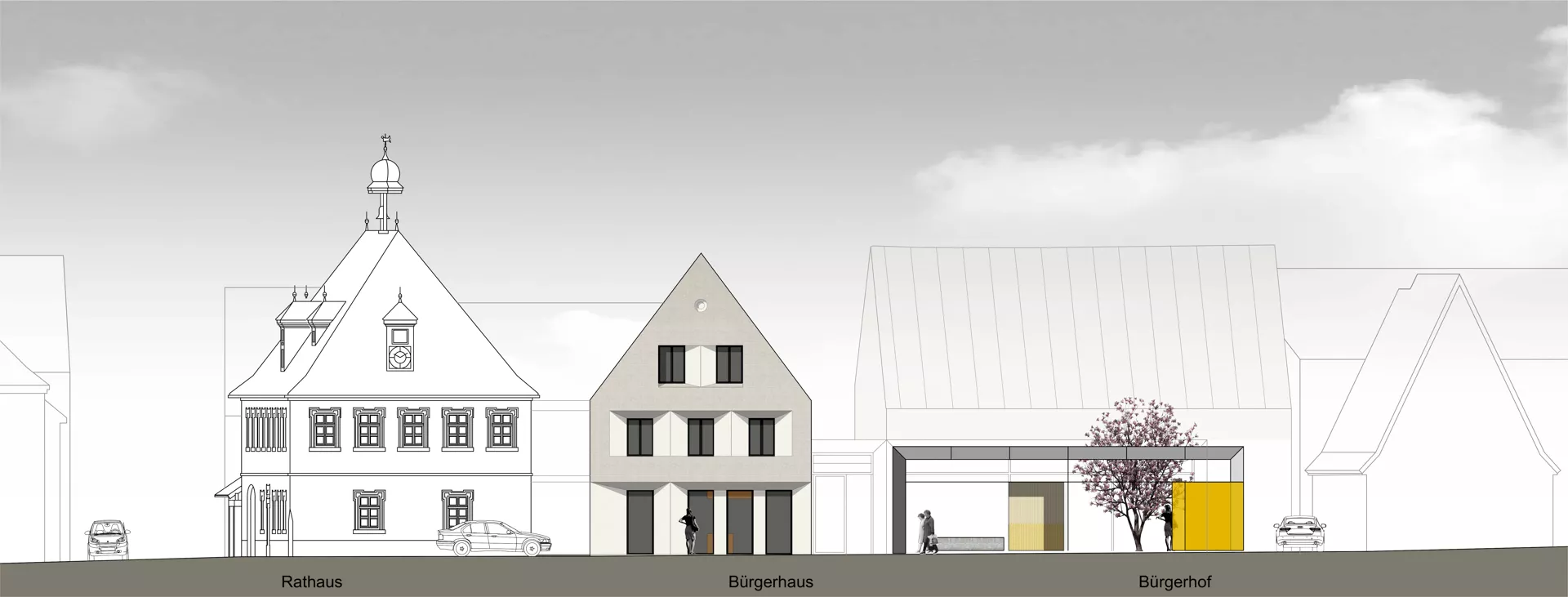 2D Rendering der Häuserfassaden der Straße mit dem neuen Bürgerhaus.