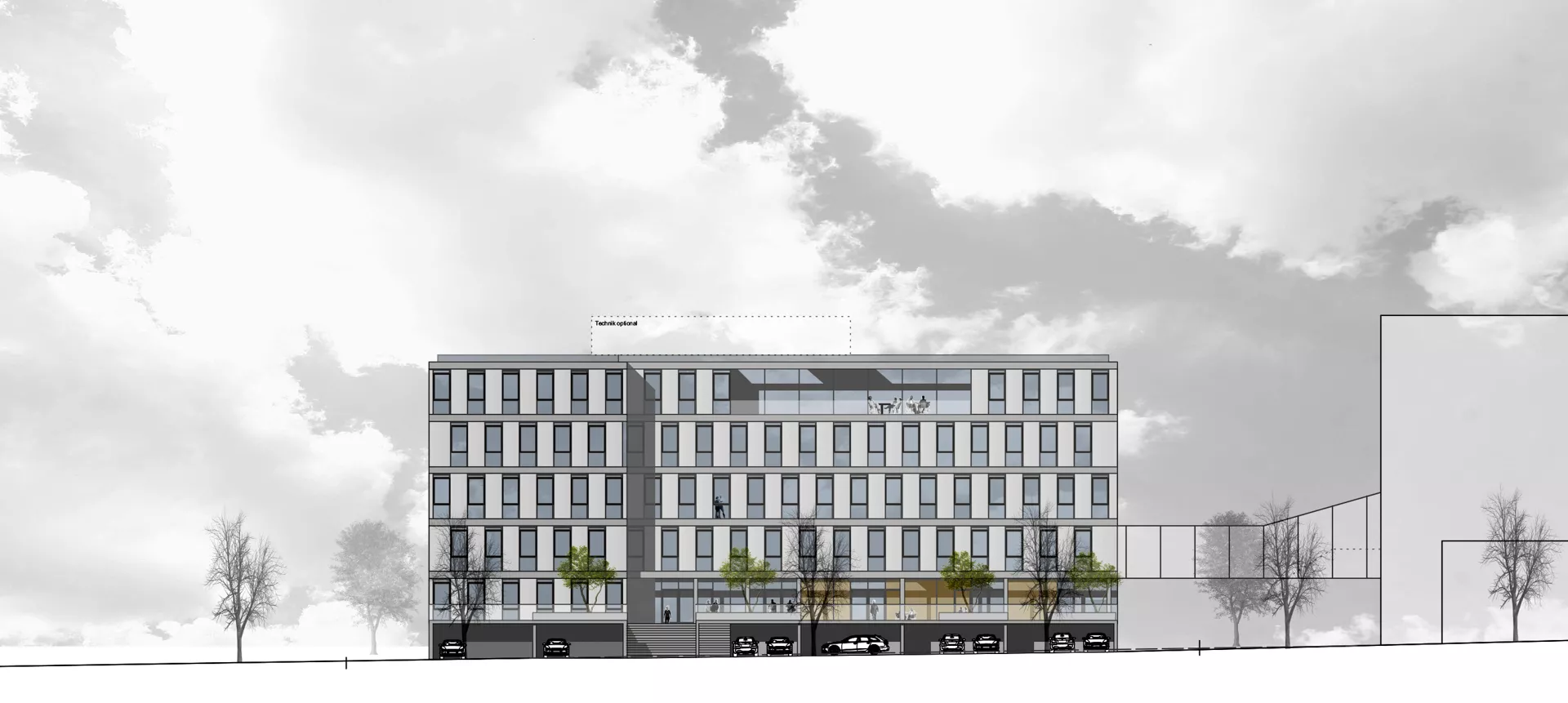 2D Rendering eines modernen 5-stöckigen Gebäudes mit einem Balkon sowie einem Außenbereich der die Parkmöglichkeiten überdacht.