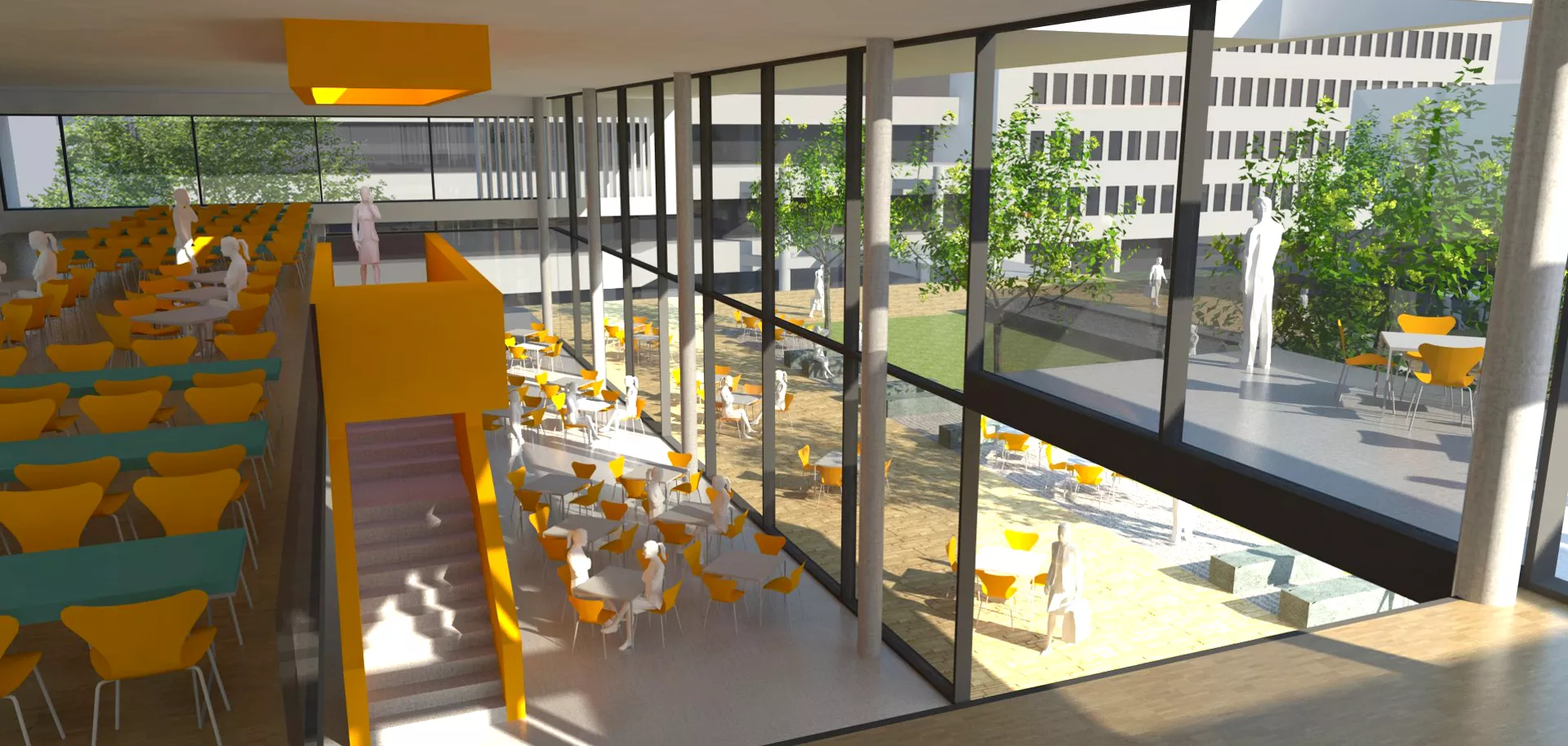 3D Rendering des zweistöckigen Casinos. Sowohl im oberen als auch unteren Stock stehen viele Tische mit Stühlen. Die Wand zum Campus hin ist komplett verglast und weist im zweiten Stock einen Balkon mit einem Tisch und Stühlen auf. Auch draußen auf der Tarasse stehen Tische mit Stühlen.