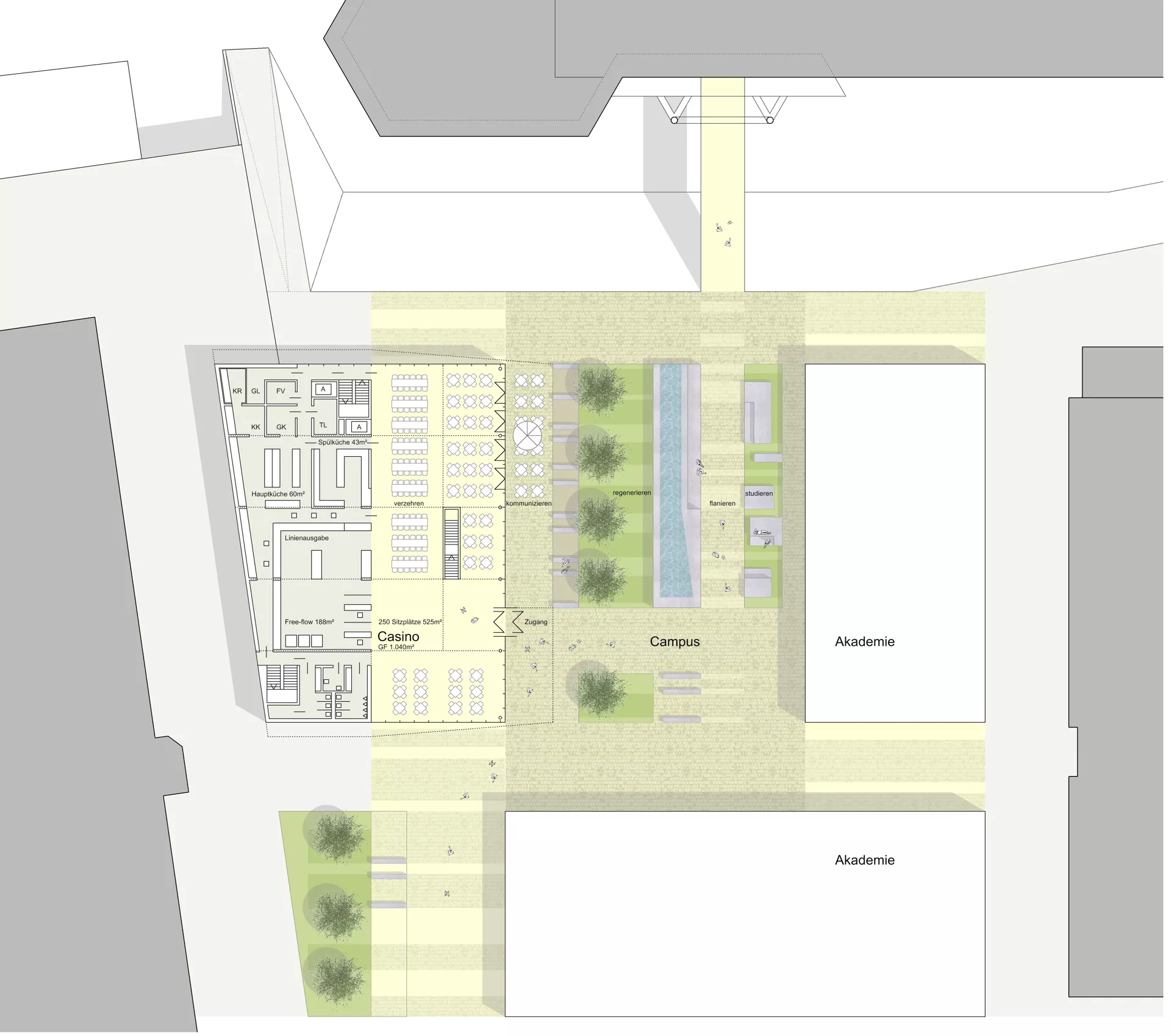 Grundriss des Geländes mit den zwei Akademien, dem Campus und dem Casino