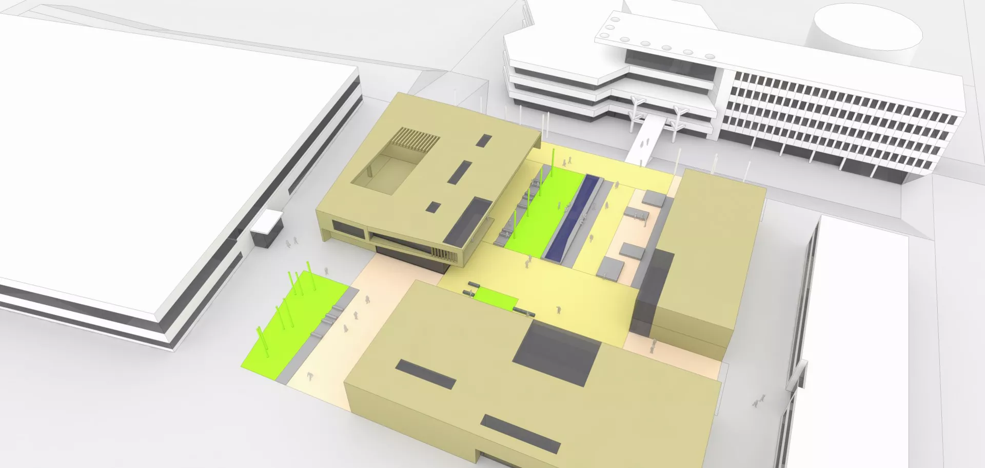 3D Rendering des Geländes mit den verschiedenen Gebäuden. 