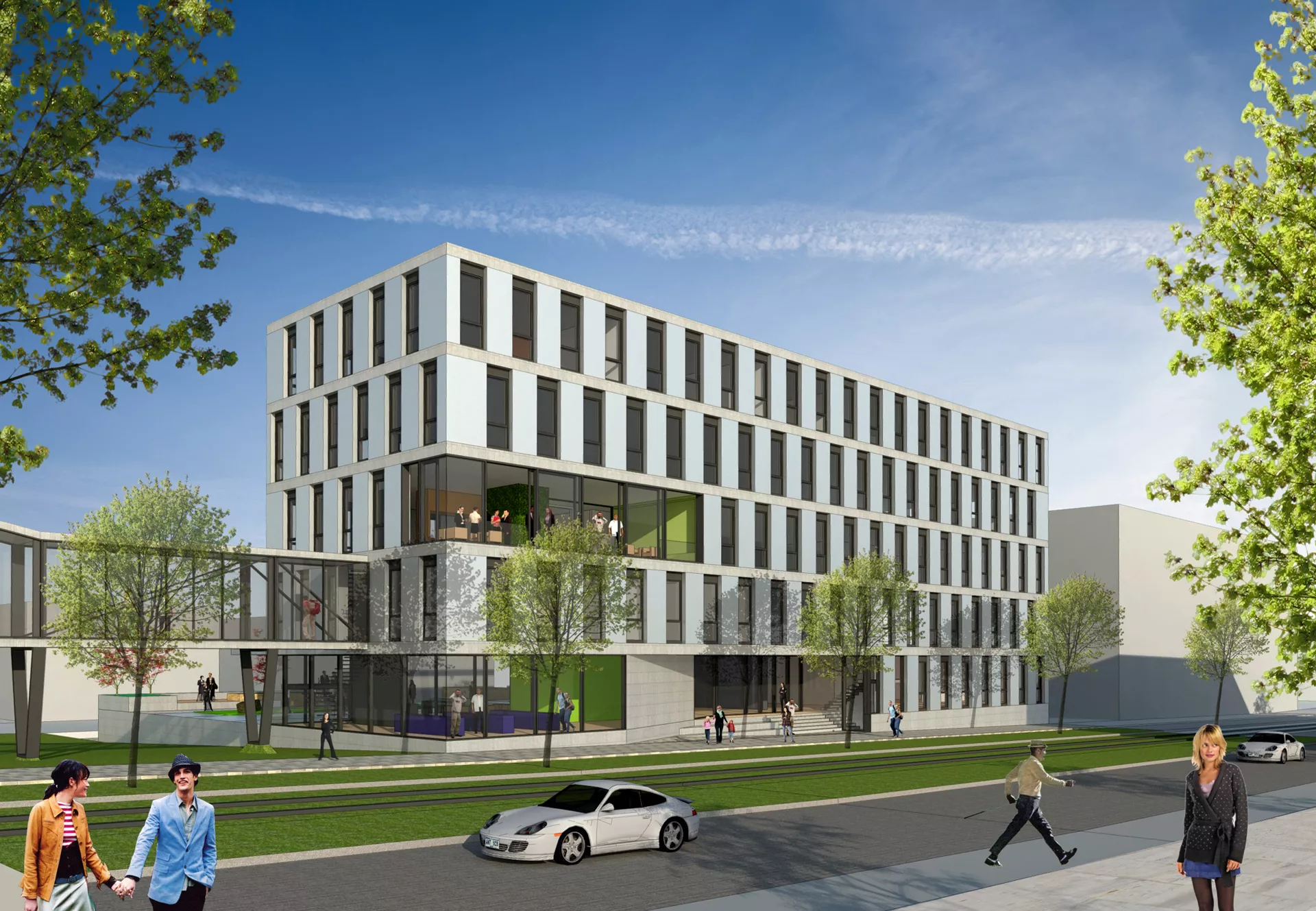 3D Rendering eines modernen, kastenförmigen Gebäudes mit vielen bodentiefen Fenstern, die an den Ecken aneinander grenzen.