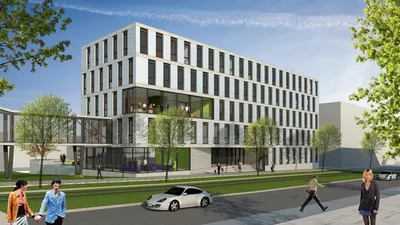 3D Rendering eines modernen, kastenförmigen Gebäudes mit vielen bodentiefen Fenstern, die an den Ecken aneinander grenzen.