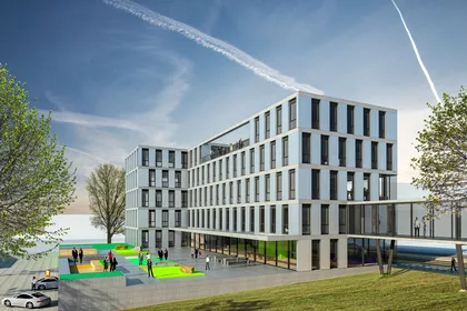 3D Rendering eines modernen, kastenförmigen Gebäudes mit vielen bodentiefen Fenstern, die an den Ecken aneinander grenzen sowie einem Außenbereich mit vielen Sitzmöglichkeiten