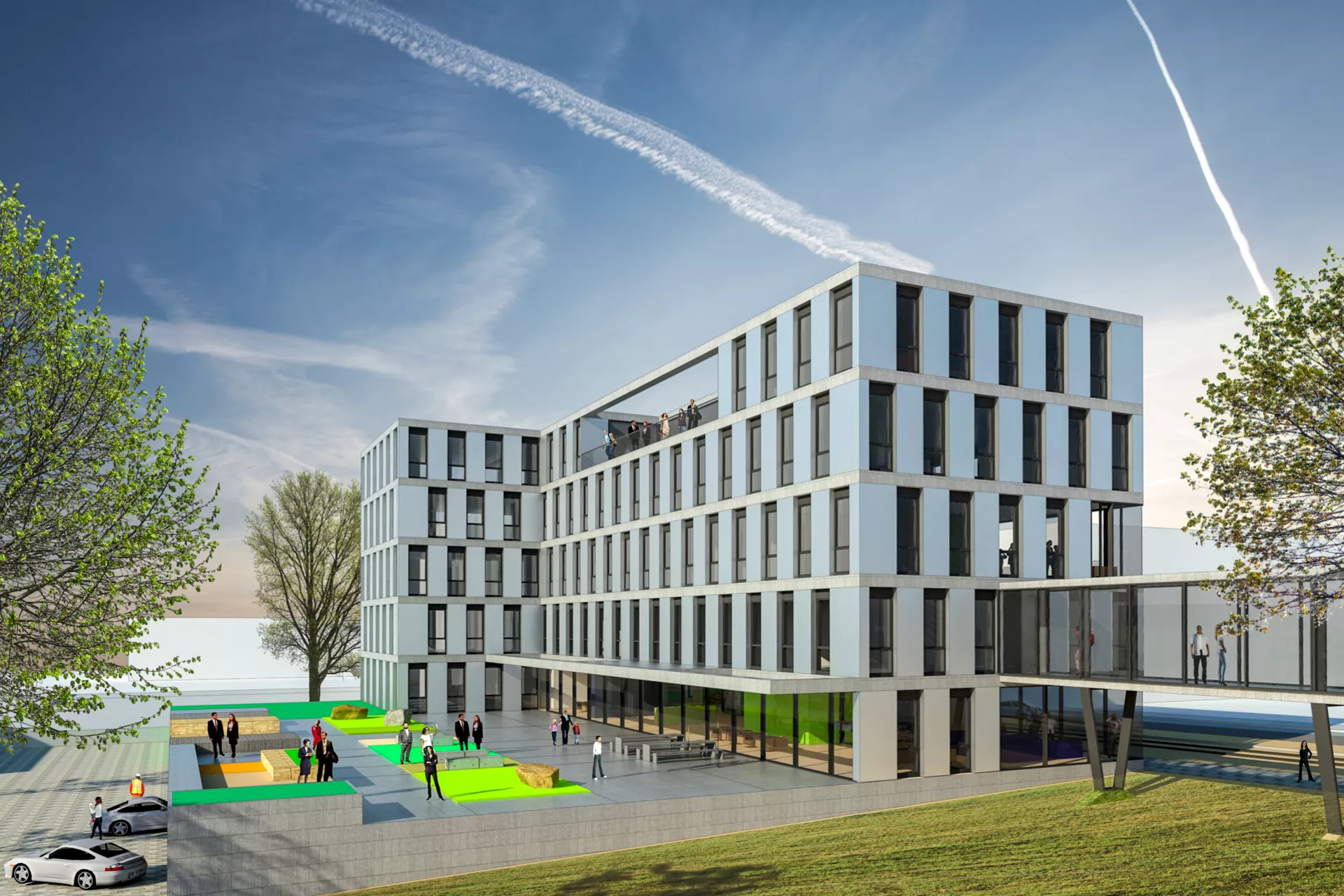 3D Rendering eines modernen, kastenförmigen Gebäudes mit vielen bodentiefen Fenstern, die an den Ecken aneinander grenzen sowie einem Außenbereich mit vielen Sitzmöglichkeiten