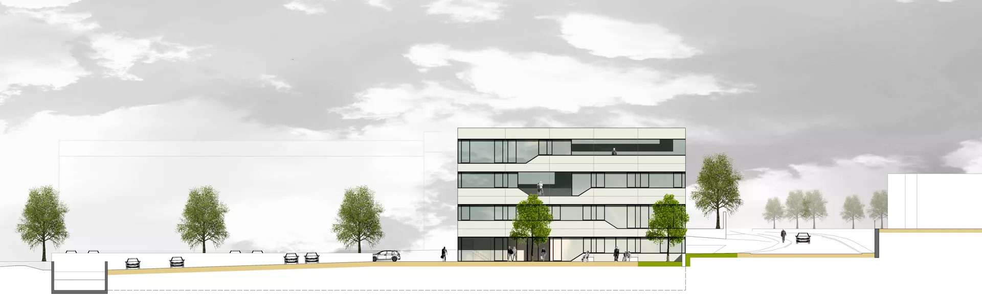 2D Rendering der Außenansicht des Gebäudes sowie der Straße und des Parkplatzes.